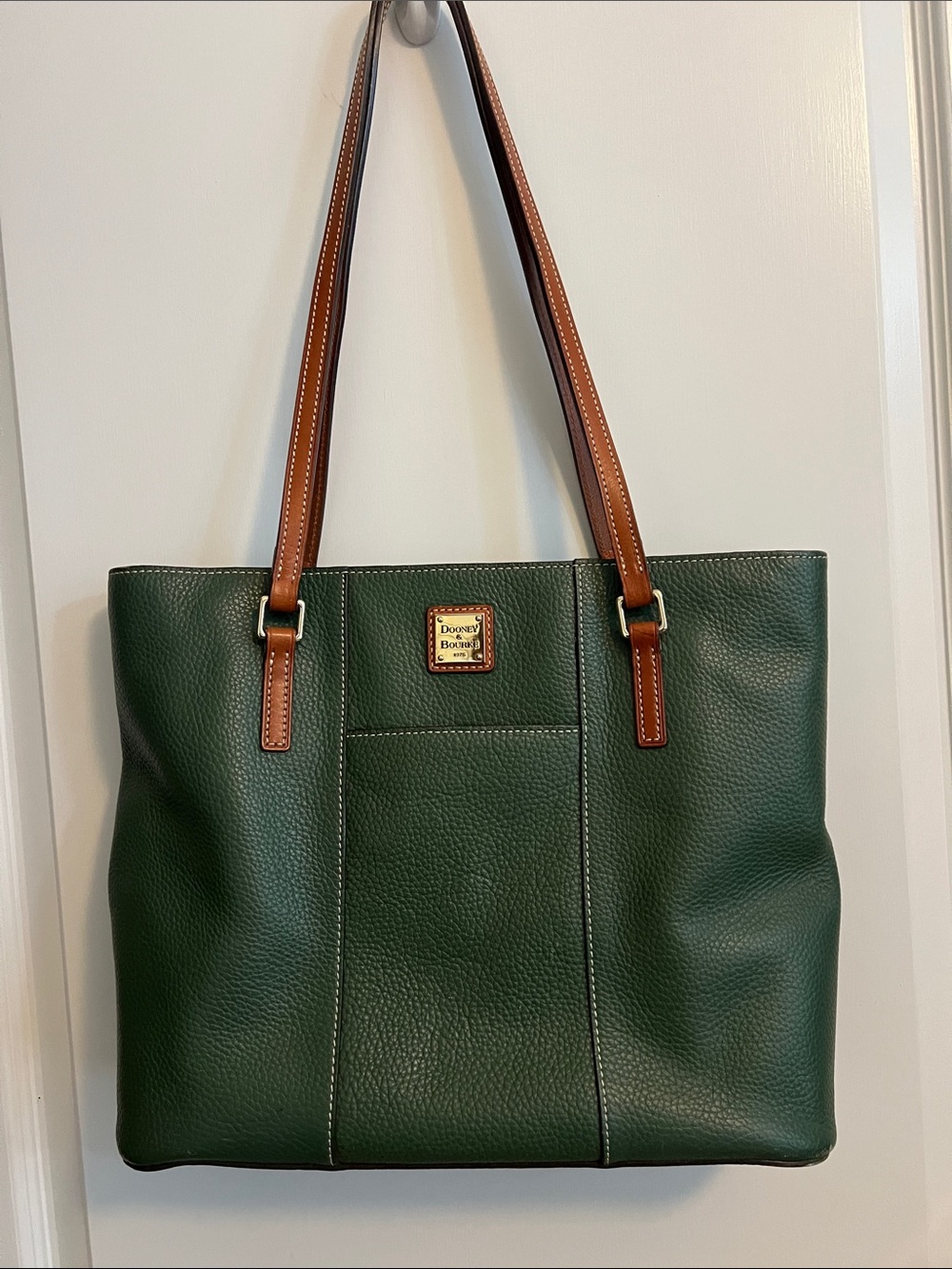 Dooney & Bourke Dark Green Pebble Leather Tote with Brown Trim